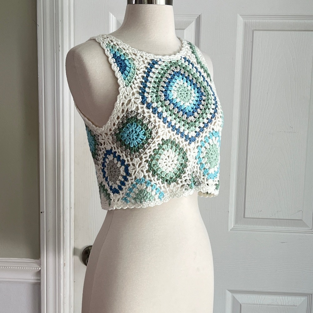 Crochet Crop Tank Top Sz S Women Altar'd State Boho‎ Granny Pastel White - Picture 3 of 9